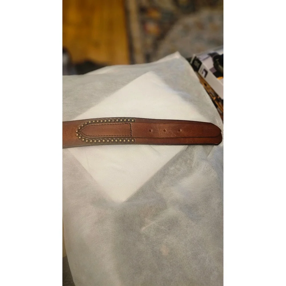 Vintage Studded Genuine Leather Belt Cognac Brown Brass Buckle Boho Western 39in